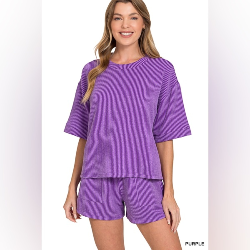 Zenana RAISED RIB SHORT SLEEVE TEE & SHORT PANTS SET